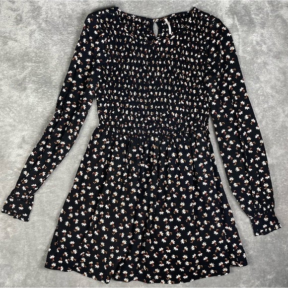 Free People Dress Womens XS Boho Floral Long Sleeve Open Back Smocked Mini - Picture 6 of 11